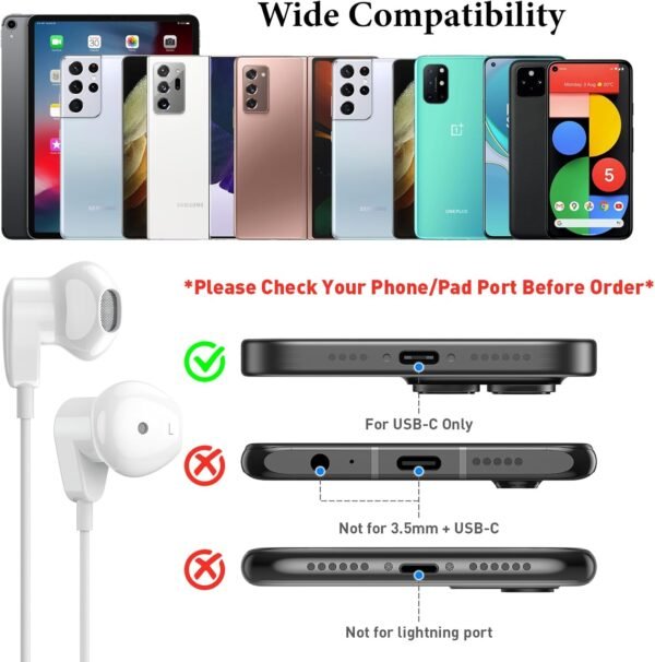 USB C Headphones for iPad Pro iPhone 15 Pro 16 Pro USB Type C Earphones HiFi Stereo USB C Wired Earbuds Microphone Volume Control for Samsung S23 Ultra S22 S21 Note20 A54,Pixel 9 8 7 6 6a 5 4,OnePlus9