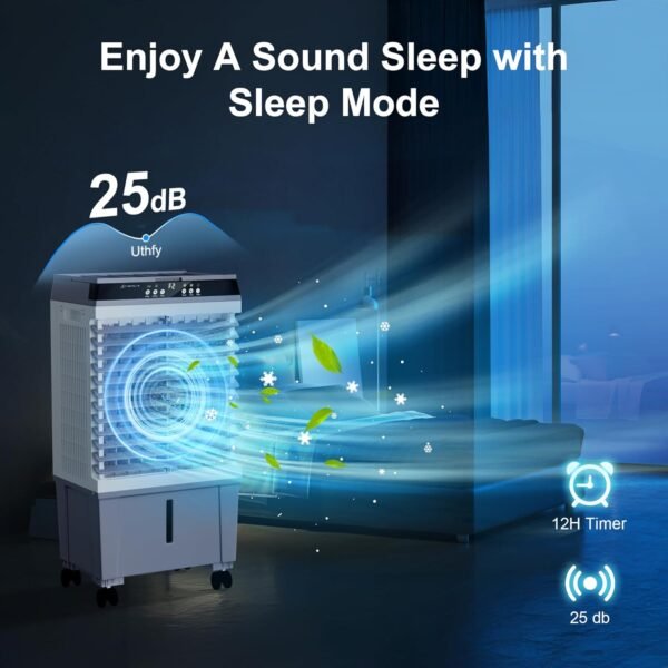 Swamp Cooler Air Conditioner, Evaporative Air Cooler with 5.3 Gallon Water Tank, 4 Ice Box, Remote, 12H Timer, 120°Oscillation, Portable Cooling Fan with 3 Speeds for Bedroom Home Office
