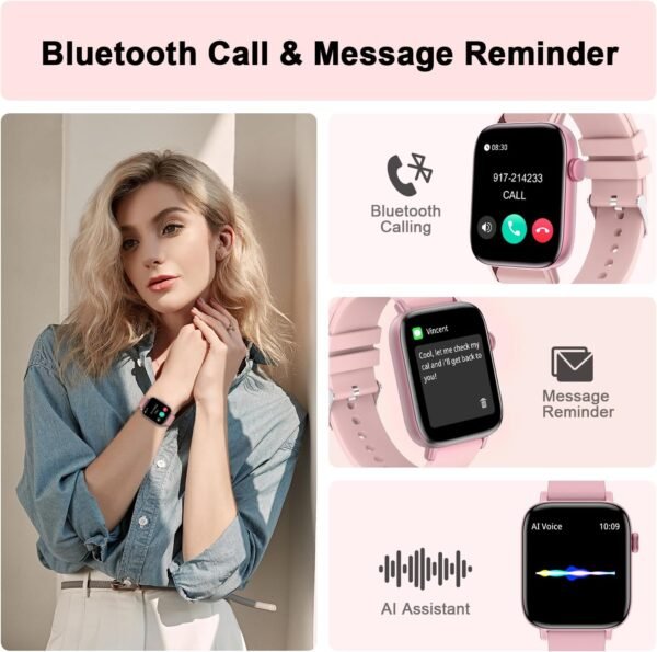 Smart Watch for Android iPhone-Call Receive/Dial/Read Message/AI Control-1.9" HD Screen-IP67 Waterproof Fitness Smartwatch-Blood Pressure/Heart Rate/SpO2/Sleep Monitor (Light Pink)