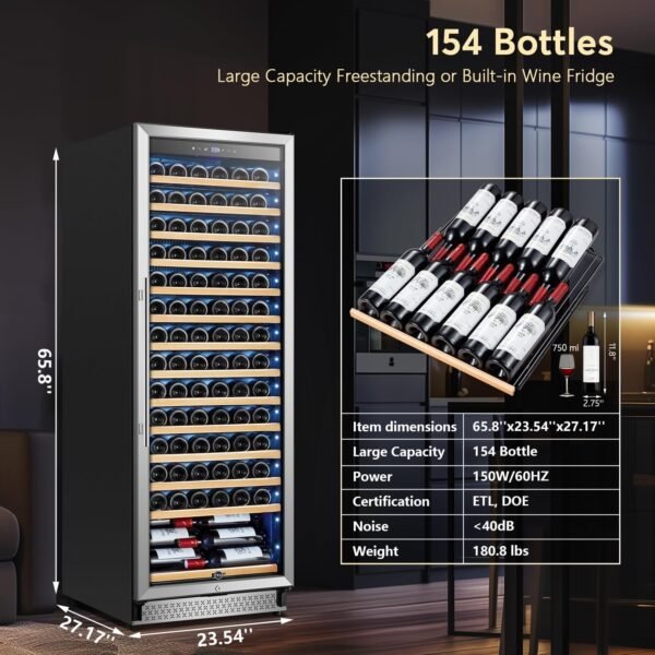 Tylza Upgraded 154 Bottles Wine Cooler Refrigerator, 24 Inch Tall Wine Fridge Built-in or Freestanding with Professional Compressor, Low Noise Fast Cooling and Intelligent Temperature Memory