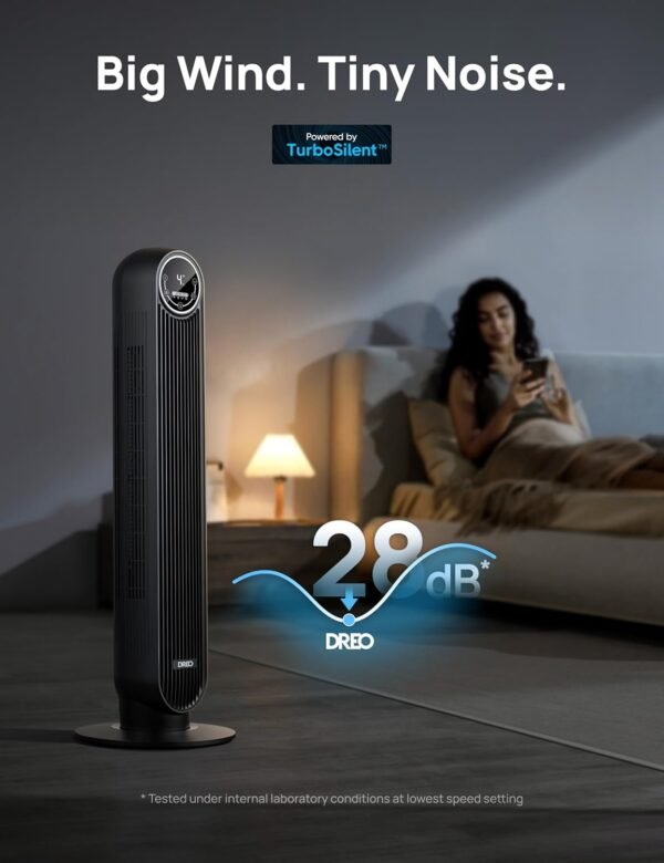 Dreo Tower Fan for Bedroom, 25ft/s Velocity 28dB Quiet Floor Fan, 90° Oscillating Fans for Indoors with 4 Speeds, 4 Modes, 8H Timer, Bladeless Standing Fan, Black, Nomad One (DR-HTF007)
