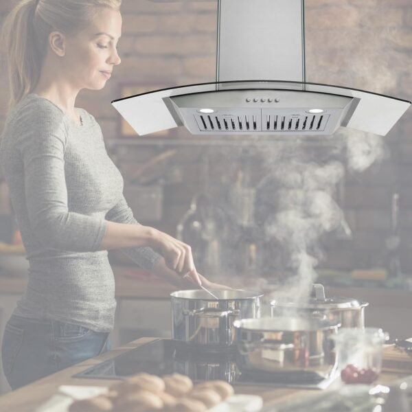 GAOMON 30 Inch Curved Glass Range Hood, Ductless/Ducted Convertible Stove Vent Hood with Chimney, 3 Speed Fan, LED Light, Button Control Vent Hood for Stove Kitchen, 400 CFM