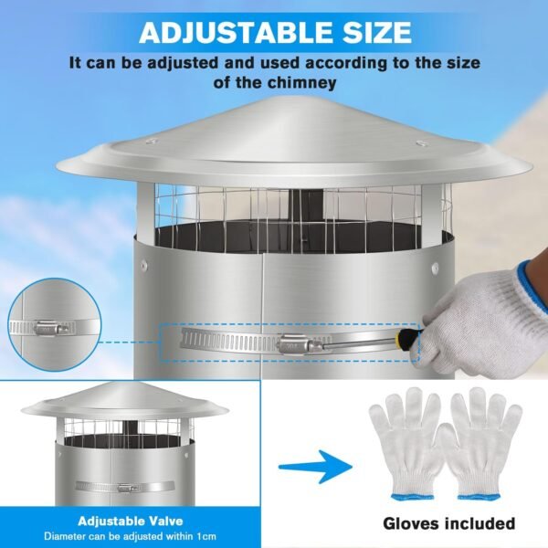 8 Inch Round Chimney Cap with Screen, Tapered Top Roof Rain Chimney Cover for Outside,Adjustable Fireplace Stove Pipe Topper, Stainless Steel