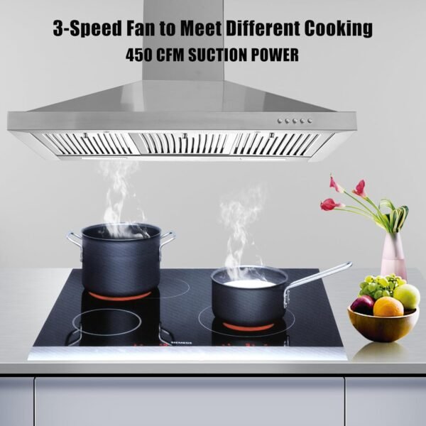 36 inch Range Hood, Wall Mounted Vent Hood in Stainless Steel, Ducted/Ductless Kitchen Hood w/Push Button Control, 3 Speed Exhaust Fan, 3 Pcs Baffle Filters, Energy Saving LED Light