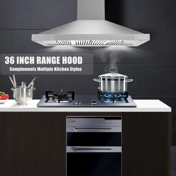 36 inch Range Hood, Wall Mounted Vent Hood in Stainless Steel, Ducted/Ductless Kitchen Hood w/Push Button Control, 3 Speed Exhaust Fan, 3 Pcs Baffle Filters, Energy Saving LED Light