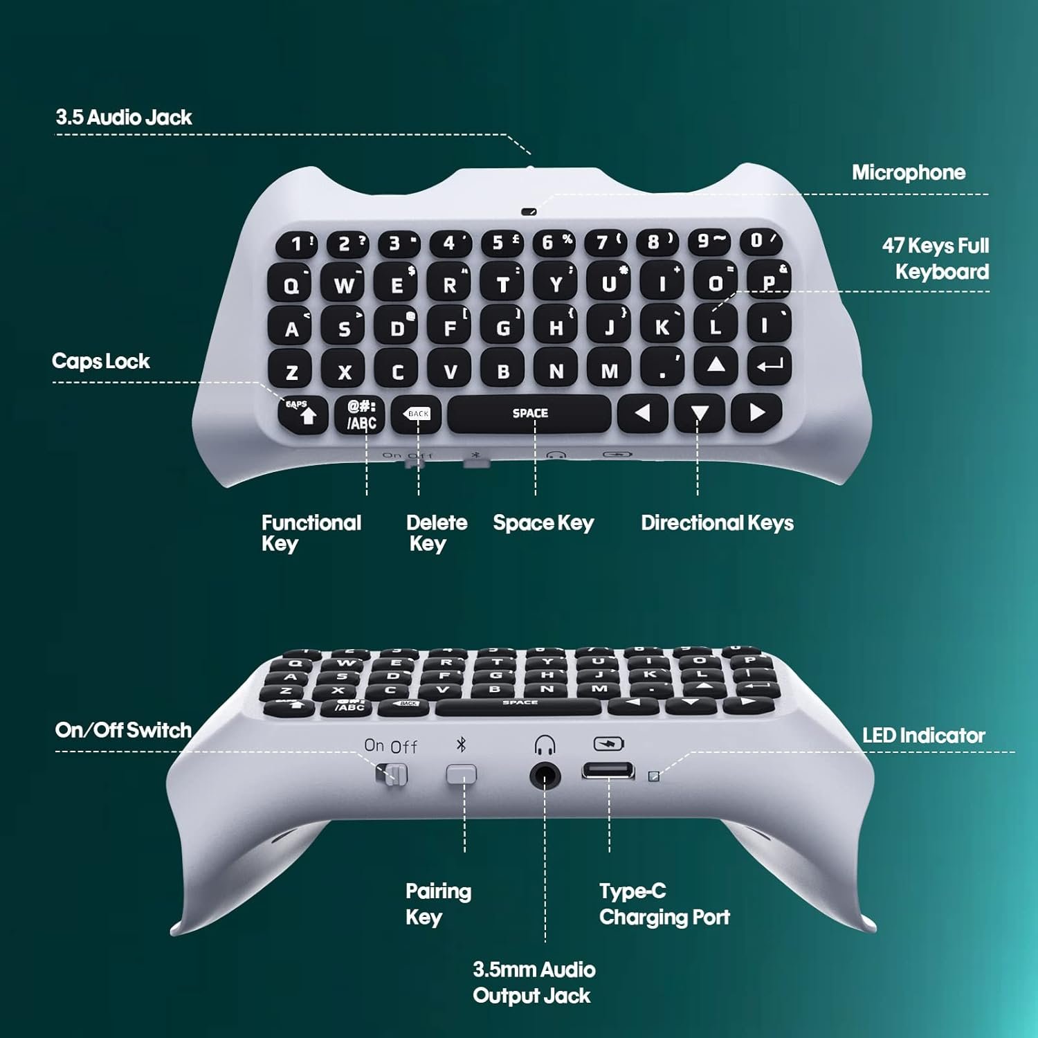TiMOVO PS5 Controller Keyboard with Green Backlight, Wireless Bluetooth Keypad Chatpad for Playstation 5 Controller, Mini Game Keyboard Built-in Speaker with 3.5mm Audio Jack for PS5 Accessories,White