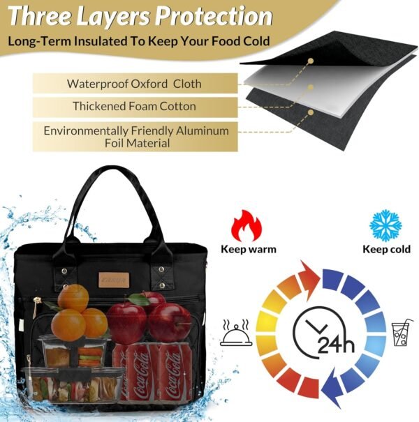 Large Insulated Lunch Bag for Work, Women's Nylon Thermal Lunch Box, Leakproof Cooler Tote Bag with Storage Pocket (Black)