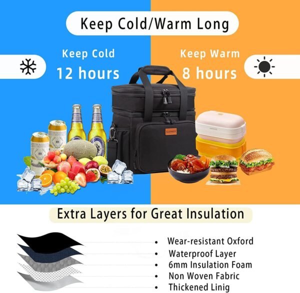 Expandable Insulated Large Lunch Box, Double Deck Heavy Duty Durable Lunch Bag Leakproof Cooler Bags for Men Women Adults Work Shift Flight Beach Daytrip, 20 Can, Black, GLENKEY