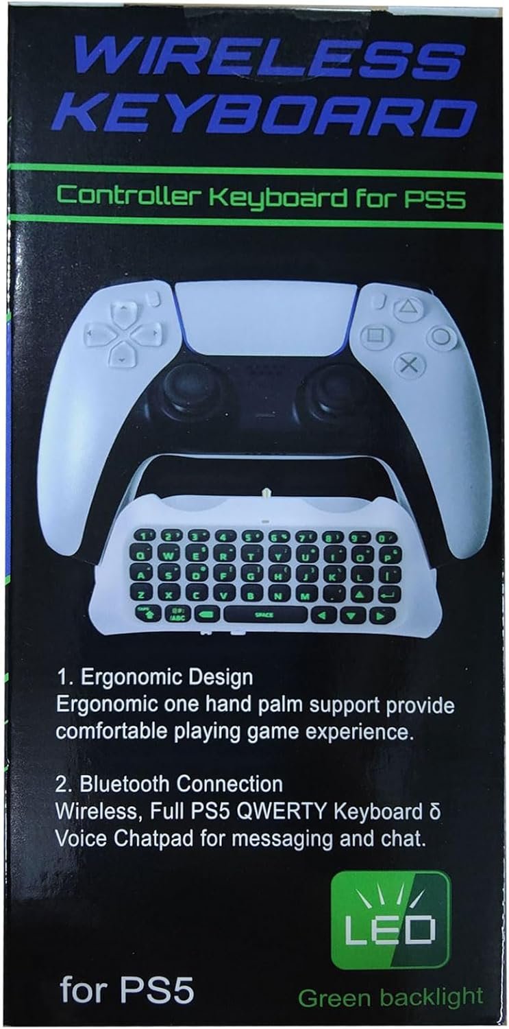 TiMOVO PS5 Controller Keyboard with Green Backlight, Wireless Bluetooth Keypad Chatpad for Playstation 5 Controller, Mini Game Keyboard Built-in Speaker with 3.5mm Audio Jack for PS5 Accessories,White
