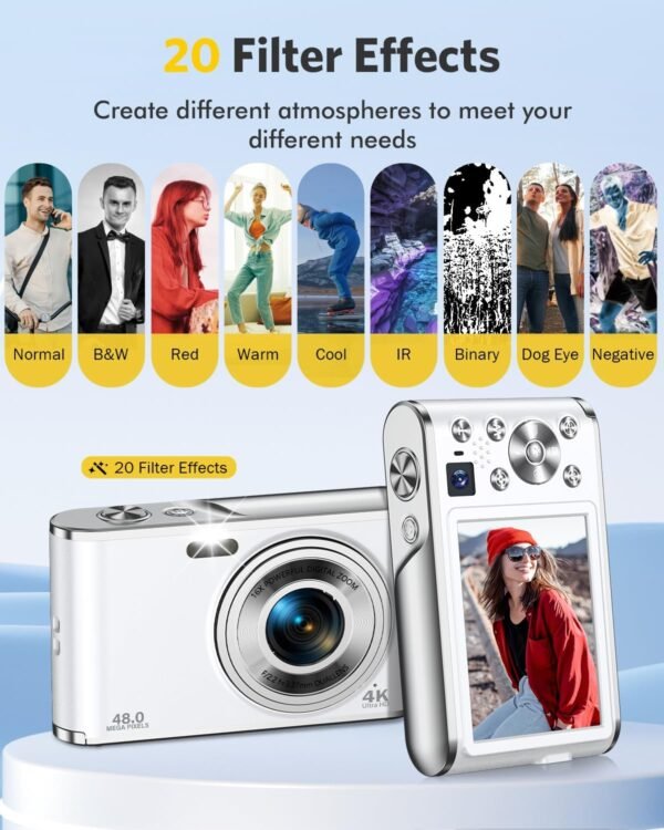 Digital Camera, Auto Focus 4K Vlogging Camera with FHD Dual Camera 48MP 16X Digital Zoom with 32GB Card, YouTube Portable Compact Point and Shoot Camera for Teens Beginner Adult,2 Batteries,White