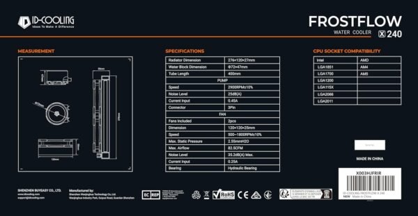 ID-COOLING FROSTFLOW X 240 CPU Water Cooler AIO Cooler 240mm CPU Liquid Cooler White LED 2x120mm PWM Fans, Intel 1700/1200/115X, AMD AM5/AM4