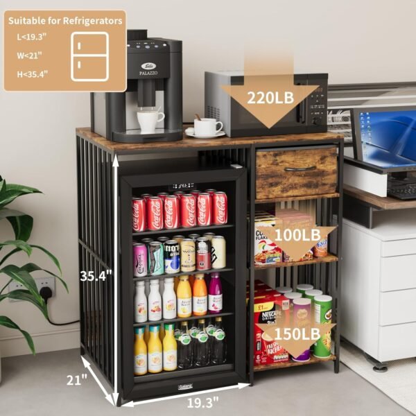 VOWNER Mini Fridge Cabinet with Power Outlet, 3-Tier Industrial Style Kitchen Microwave Stand Baker Rack with Drawer, Utility Storage Shelf for Home Kitchen Dorm Office, Vintage Wood, 35" Lx22 Wx37 H