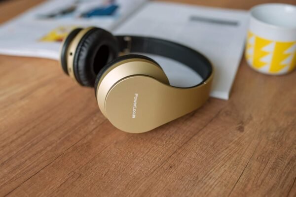 PowerLocus Wireless Bluetooth Over-Ear Stereo Foldable Headphones, Wired Headsets Rechargeable with Built-in Microphone for iPhone, Samsung, LG, iPad (Gold)
