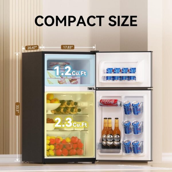 Frestec Mini Fridge with Freezer 3.5 Cu.Ft. 2 Door Refrigerator and Freezer Small Fridge for Bedroom Home Office Dorm, Small Drink Chiller, 37 dB Low Noise, Stainless Steel