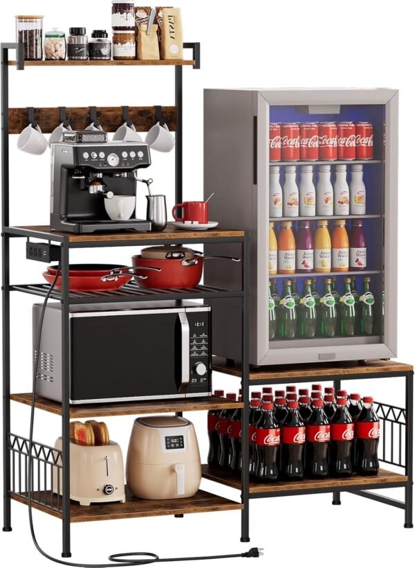 Portin Stand for Mini Fridge and Microwave Coffee Bar - Large Capacity, Sturdy, with Power Outlet and S-Hooks, for Compact Refrigerators - Home and Kitchen Shelf