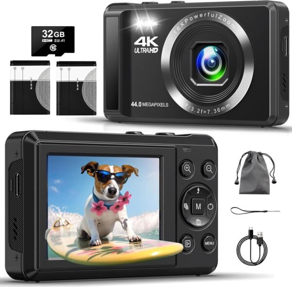 Digital Camera - 4K 44MP UHD Digital Cameras for Photography - Autofocus Point and Shoot Vlogging Camera with 16X Zoom, 32GB SD Card, 2 Batteries - Compact Small Cameras for Kids Teens Boys Girls