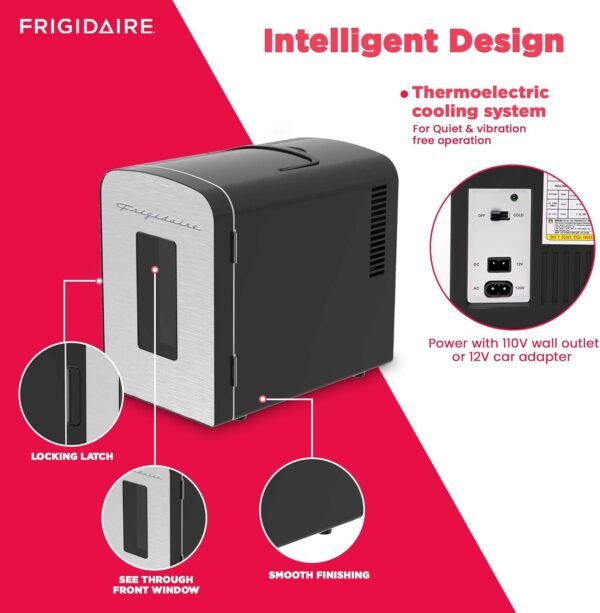 Frigidaire Portable 9-Can Mini Cooler Fridge, 5L, Brushed Stainless Rugged, Window, EFMIS189-SS, Clear Door, Glass