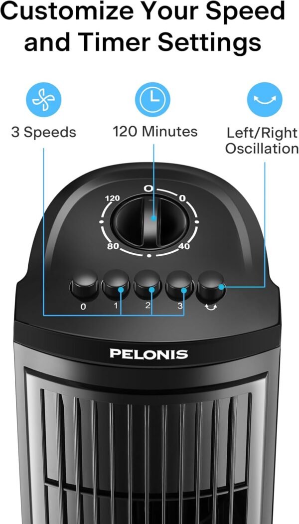 PELONIS 30" Tower Fan for Bedroom, Standing Fan with 3 Speeds, 90° Oscillation, Small Fan with 120-Min Auto Timer, High-quality Motor, 1-Year Warranty, Black