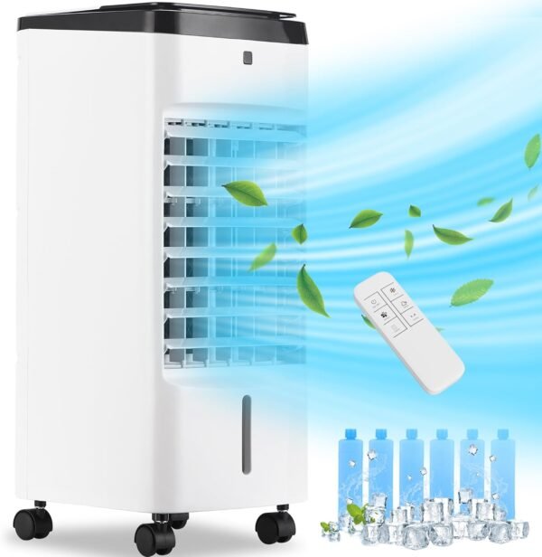 Portable Air Conditioners, 3 In 1 Swamp Cooler with 6 Ice Packs, Evaporative Air Cooler with 120°Oscillation, 12H Timer, 3 Speeds, 4 Modes, Remote, Cooling Fan for Bedroom, Living Room, Office