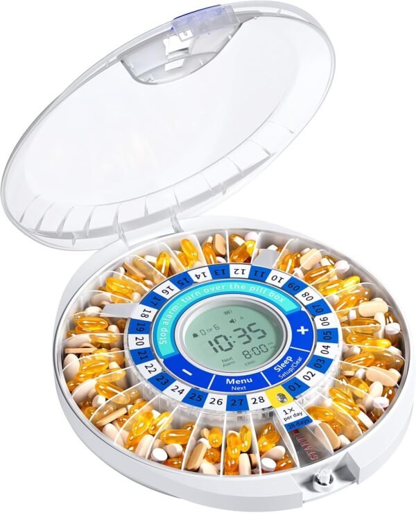 Daviky Automatic Pill Dispenser for Elderly with Alarm, 28-Day Electronic Locked Pill Box, Sound & Light Reminders for Medication, Vitamins, and Supplements(Blue)