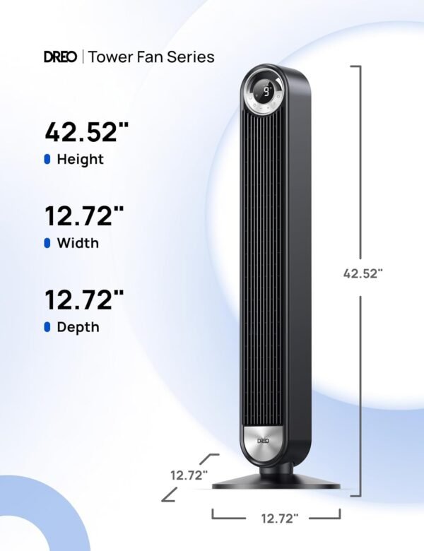 Dreo Tower Fan for Bedroom, Upgrated DC 9 Speeds Ultra-Quiet Floor Fan, 90° Oscillating Fans for Indoors with 28ft/s Velocity, 12H Timer, Standing Fans, Bladeless Fan Powerful for Home Office Room