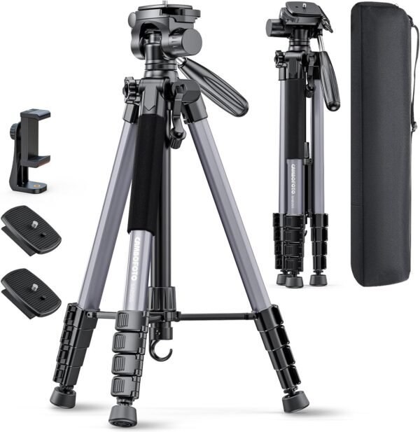 74"-Camera-Tripod, Gray Professional Aluminum Tripod Stand and Leg for Mirrorless Camera/DSLR/Cell Phone/Camcorder/GoPro, with Phone Holder and Travel Bag (Gunmetal Gray)