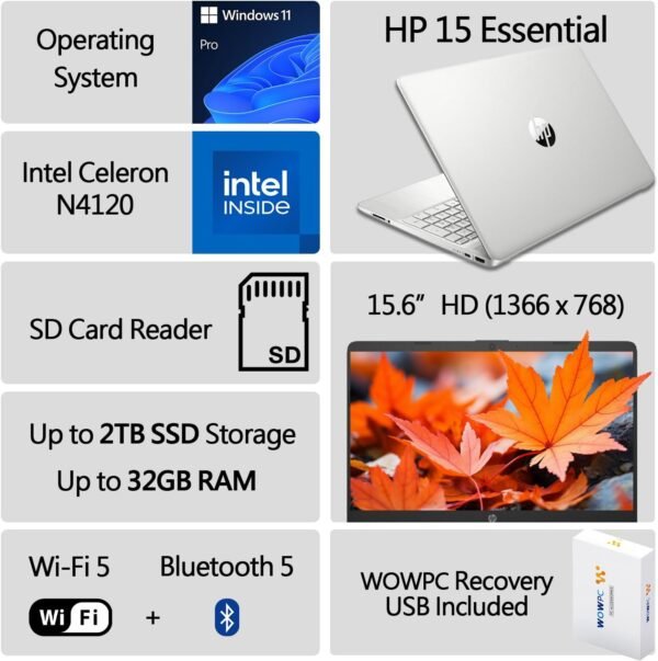 HP New Essential Laptop, 16GB RAM, 1TB SSD, Intel Celeron N4120 4-core Processor, Intel UHD Graphics, 15.6" HD LED Display, Entertainment & Personal Use, Windows 11 Pro, w/WOWPC Recovery USB