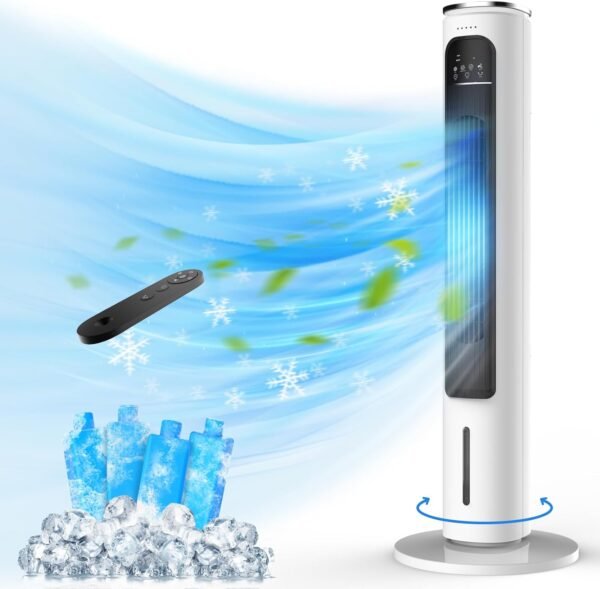 Windowless Portable Air Conditioners, 36’’ Evaporative Air Cooler w/Remote, 2.5L Water Tank & 4 Ice Packs, 12H Timer Auto-off, 70° Oscillating, Quiet Cooling Tower Fan For Bedroom Living Room Office