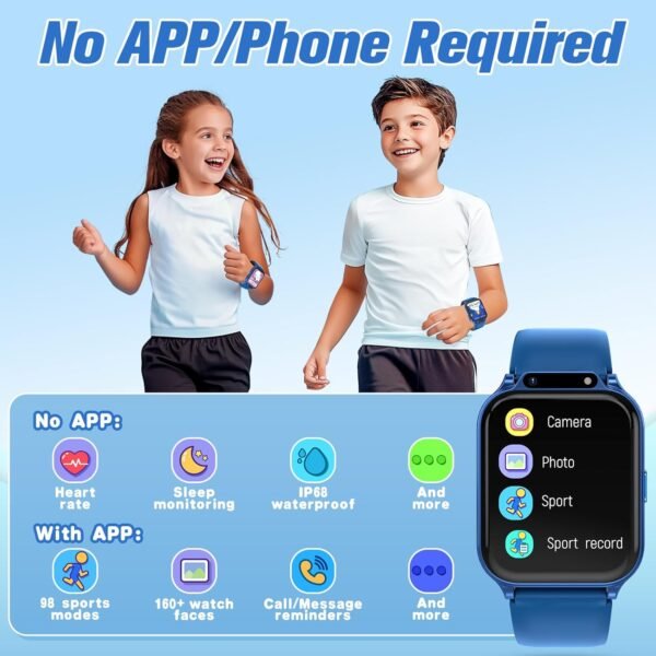 Smart Watch for Kids 1.85" with Fitness Tracker, Sleep Monitor, 22/98 Sport Modes, DIY Dial, IP68 Waterproof, Step Counter, Heart Rate, Camera, with/Without APP, Gift for 3-12 Years Old Boys and Girls