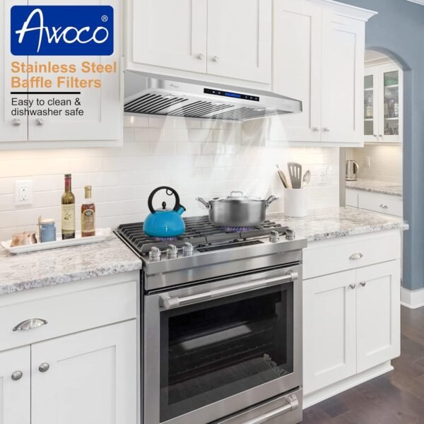 Awoco 30” Supreme 7” High Stainless Steel Under Cabinet Range Hood 4 Speeds, 8” Round Top Vent, 1000CFM 2 LED Lights, Remote Control & External Oil Collector (RH-S10-30S)