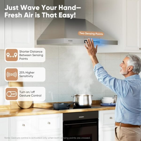 Wall Mount 30 Inch Range Hood 900 CFM, Ductless/Ducted Convertible Kitchen Hood, 3-speed Gesture Sensing & Touch Control, Stainless Steel Kitchen Vent Hood with Permanent Baffle Filters