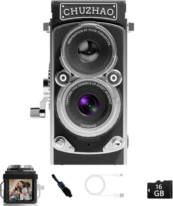 CHUZHAO Vintage Mini Digital Camera, Portable TLR Style Retro Point and Shoot Compact Small Pocket 1080P FHD Video 12MP Autofocus Vlogging Camera with 16 GB Card for Beginners Teens Adults Kids Black
