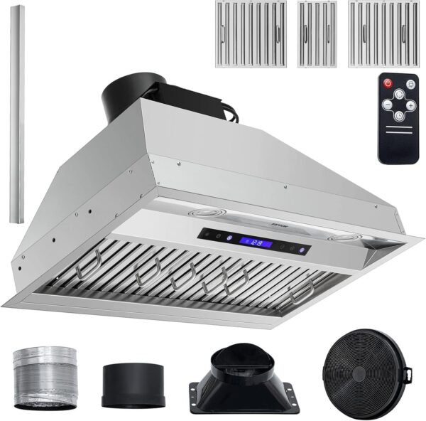 VEVOR Insert Range Hood, 900CFM 4-Speed, 30 Inch Stainless Steel Built-in Kitchen Vent with Touch & Remote Control LED Lights Baffle Filters, Ducted/Ductless Convertible, ETL Listed…
