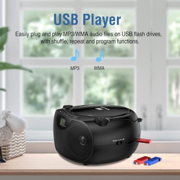 Portable Stereo CD Player Boombox with AM/FM Radio, Bluetooth, USB, AUX-in, Headphone Jack, CD-R/RW and MP3 CDs Compatible, Clear and Full Sound with Bass Boost, AC/Battery Operated – Black