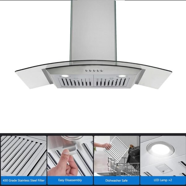 GAOMON 30 Inch Curved Glass Range Hood, Ductless/Ducted Convertible Stove Vent Hood with Chimney, 3 Speed Fan, LED Light, Button Control Vent Hood for Stove Kitchen, 400 CFM