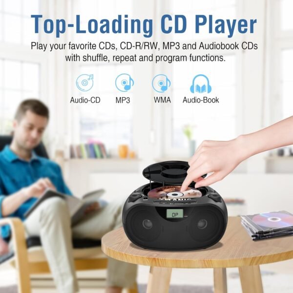 Portable Stereo CD Player Boombox with AM/FM Radio, Bluetooth, USB, AUX-in, Headphone Jack, CD-R/RW and MP3 CDs Compatible, Clear and Full Sound with Bass Boost, AC/Battery Operated – Black
