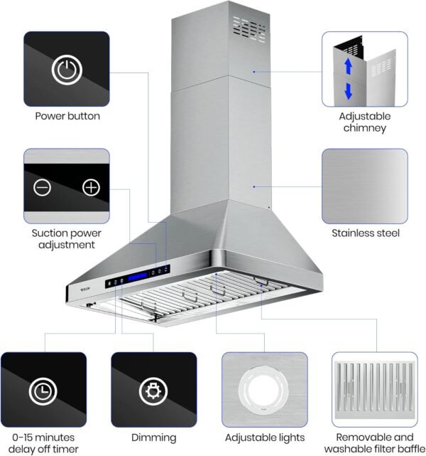 EKON Wall Chimney Range Hood 30", Ducted/Ductless Convertible Range Hood Stainless Steel 900CFM with 4 Speeds Touch Control LCD Display,Delay Shut Off Function,Dishwasher Filters (NAP02-R-30")