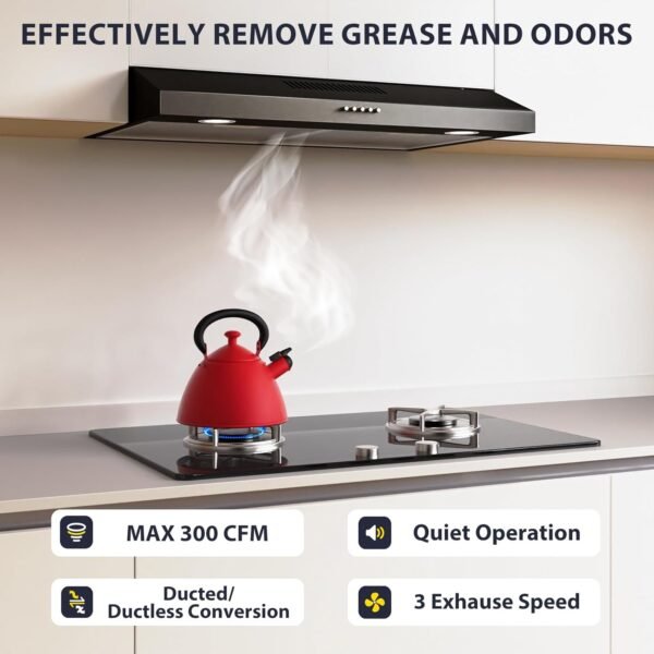 Range Hood 30 inch Under Cabinet, Ductless Slim Kitchen Range Hood Vent with Filter, LED Lights, 3 Speed Exhaust Fan, Campanas para Cocina (JX3830-Black with Charcoal Filter)