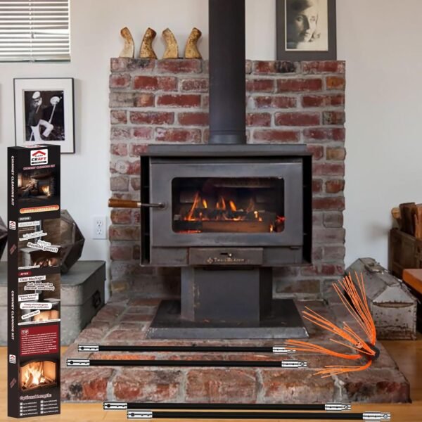 Chimney Sweep Kit - 30 Feet with 9 Flexible Black Chimney Rods, Brush & Rotary Drill-Driven System