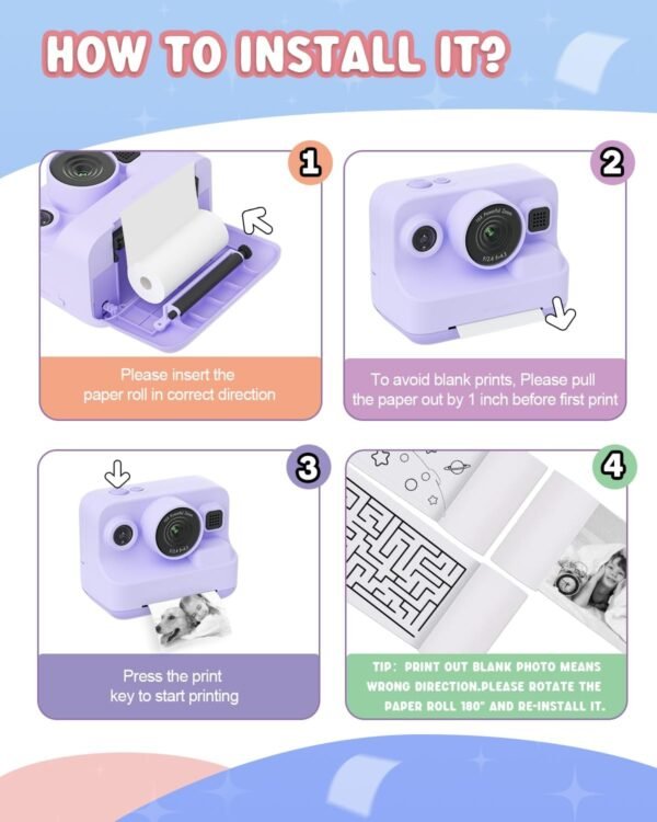 Instant Print Camera for Kids,2.4 Inch Screen Kids Instant Cameras, Christmas Birthday Gifts for Girls Age 3-12, Portable Toddler Toy for 3 4 5 6 7 8 9 10 Year Old Girls Boys Purple