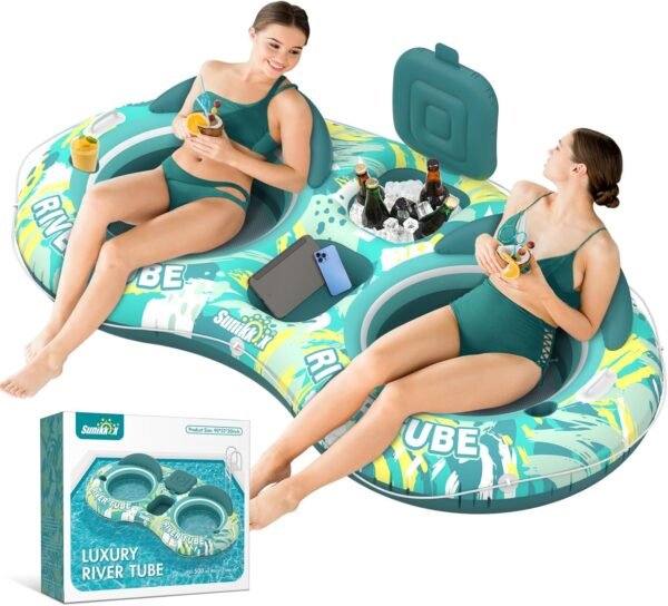 5-in-1 Pool Floats Adult Heavy Duty River Tube, 2 Person Water Lounge Pool Tube Float with Backrests, Built in Cooler, Cup Holders, Deluxe Pool Tube for Summer Relaxation