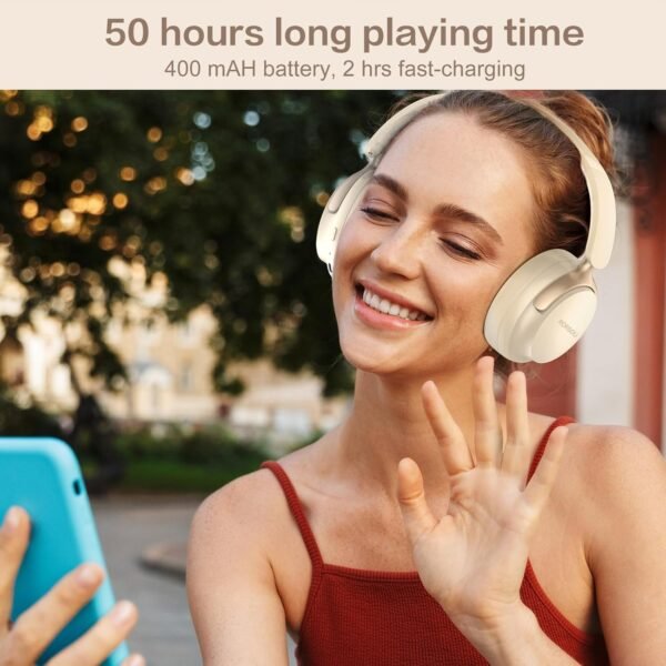 RORSOU B8 Bluetooth Headphones Over Ear, 6 EQ Music Modes and 50H Playtime Deep Bass Wireless Headphones with Mic, Lightweight Folding HiFi Stereo Headset for iPad/Travel/Tablet/PC/Home Beige White
