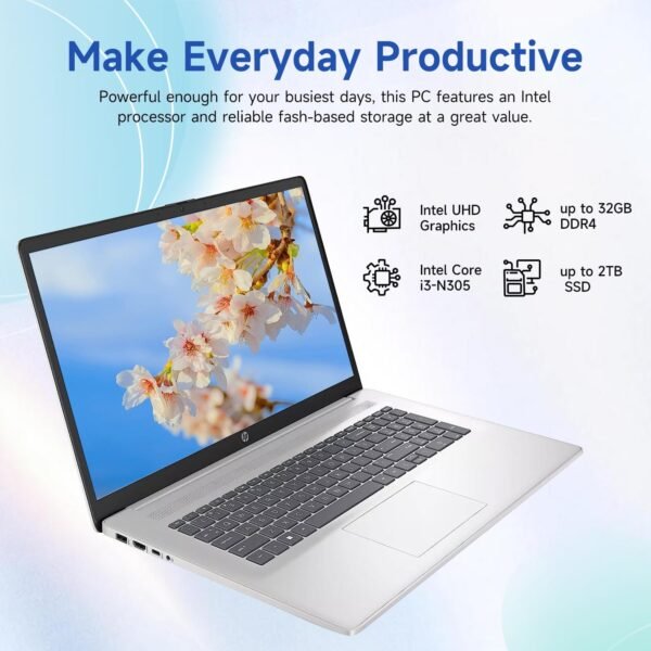 HP 17.3" Touchscreen Laptop, Intel Core i3-N305, 32GB RAM, 128GB eMMC + 1TB SSD, Numeric Keypad, Webcam, HDMI, Wi-Fi 6, Windows 11 Home, Silver