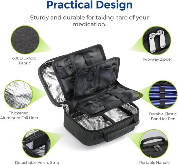 AUVON Large Insulin Cooler Travel Case, Longer Cooling Effect with 4 * 160g Ice Packs, Compact Medication Cooler Bag for 8 Insulin Pens and Diabetic Supplies, Ideal Travel Partner with Handle Design