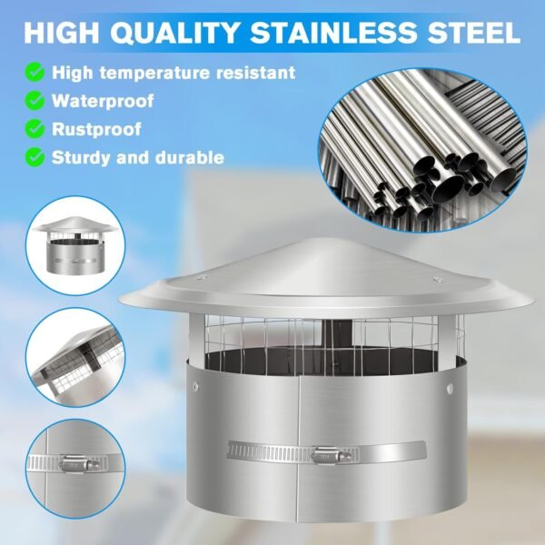 8 Inch Round Chimney Cap with Screen, Tapered Top Roof Rain Chimney Cover for Outside,Adjustable Fireplace Stove Pipe Topper, Stainless Steel