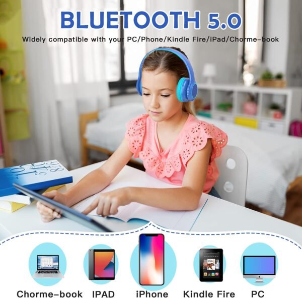 Bluetooth Kids Headphones Fit for Aged 3-21, Colorful LED Lights Comfort Wireless Headphones with Microphone 94dB Volume Limited for School/iPad/PC/TV/Cellphones, Wired & TF Card Mode,Blue
