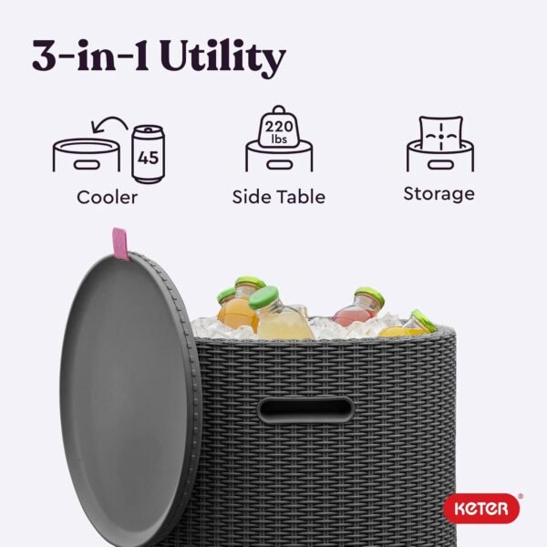 Keter Cool Side Table Cooler 3 in 1 Outdoor Patio Table and Ice Chest Storage, Ideal Hot Tub Table, Decor and Outdoor Patio Bar, Portable Bar