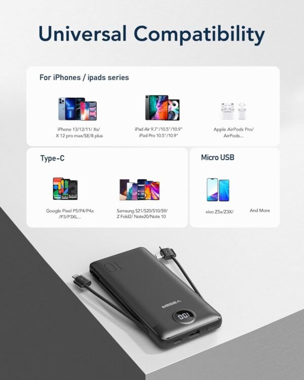 VEGER Portable Charger for iPhone Built in Cables and Wall Plug, 10000mah Slim Fast Charging USB C Power Bank, Travel Essential Battery Pack Compatible with iPhones, iPad, Samsung, and More(Black)