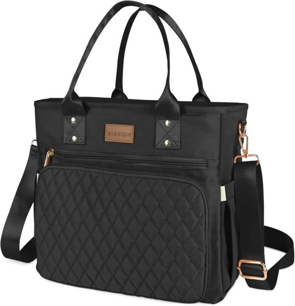 Large Insulated Lunch Bag for Work, Women's Nylon Thermal Lunch Box, Leakproof Cooler Tote Bag with Storage Pocket (Black)