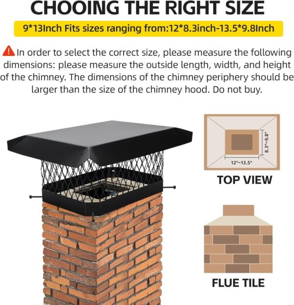 Galvanized Steel Chimney Cap- 9x13 Inch Chimney Cover | Heavy Duty One-Piece Flue Cover with Mesh Storm-Proof Animal Guard | Mesh Chimney Caps for Outside Existing Clay Flue Tile